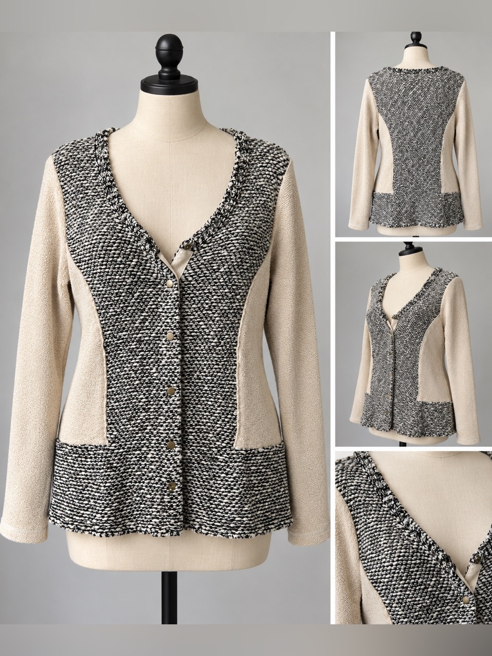 BKE Boutique NWT Black Ivory Mixed Knit Cardigan Sweater XL Metallic Cotton
